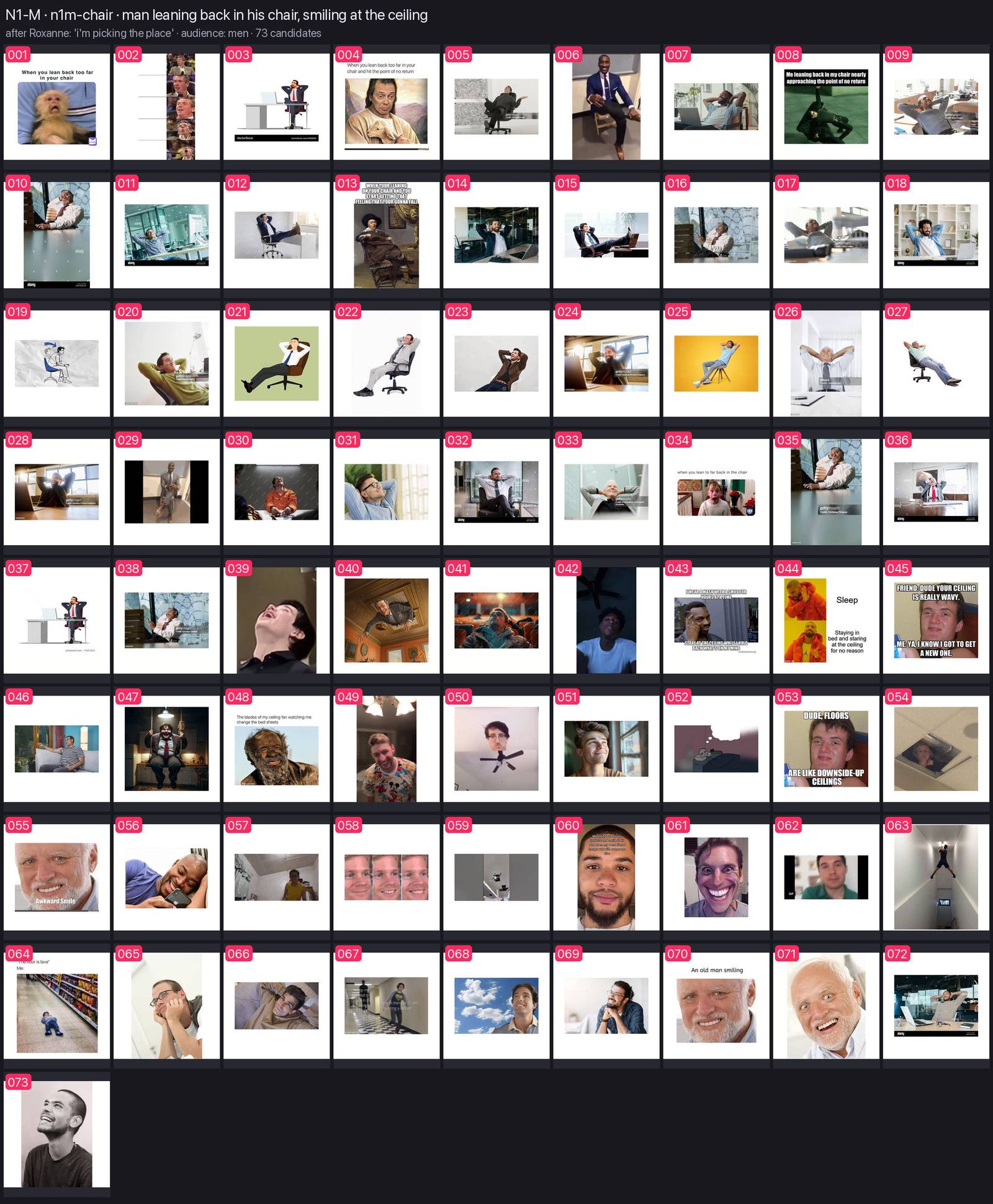 Numbered contact sheet of every candidate for n1m-chair