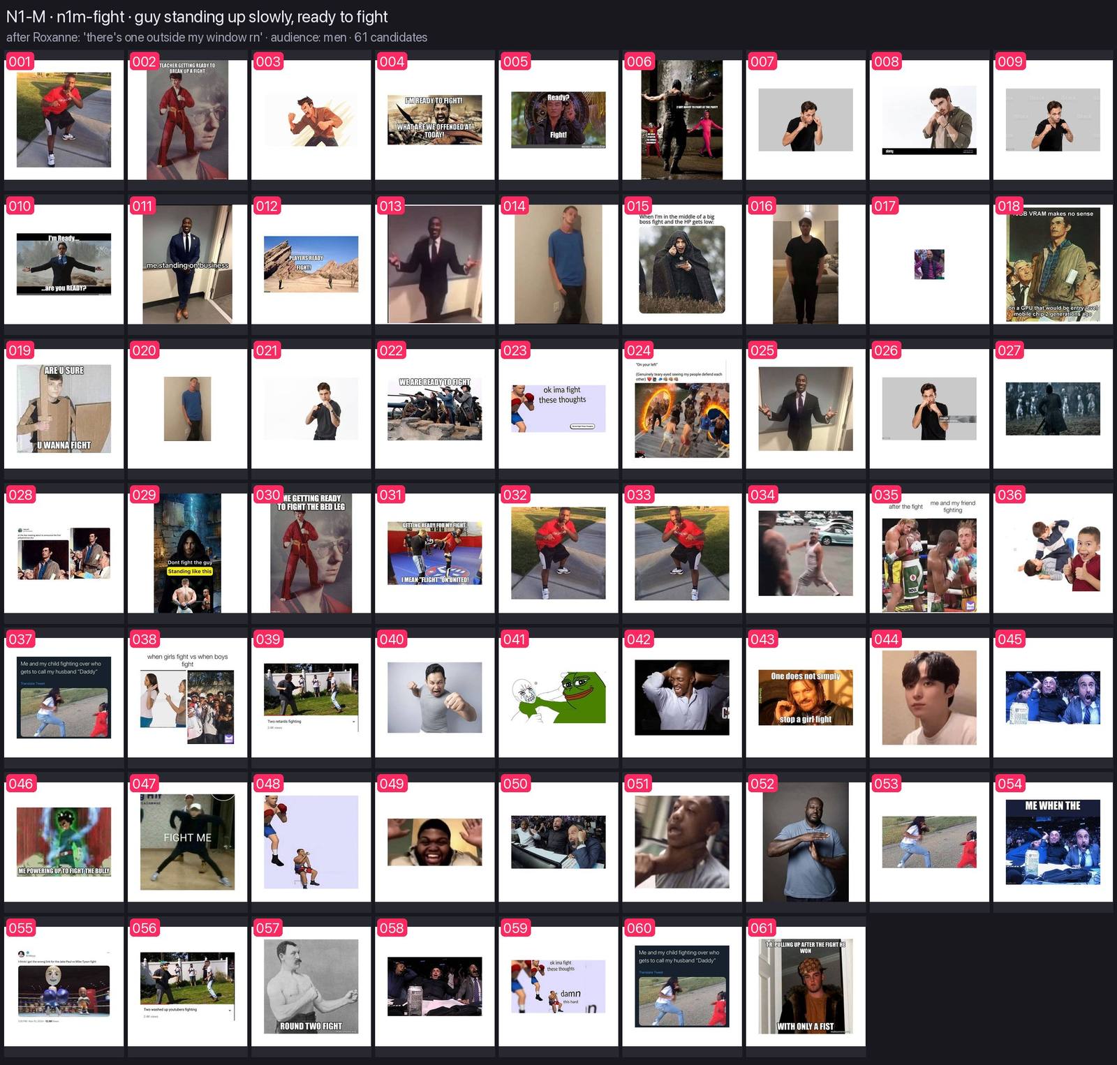 Numbered contact sheet of every candidate for n1m-fight