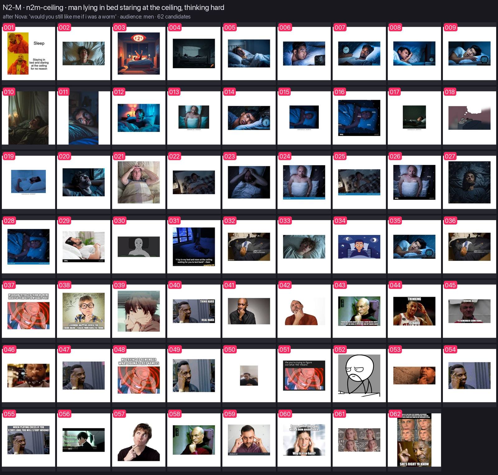 Numbered contact sheet of every candidate for n2m-ceiling