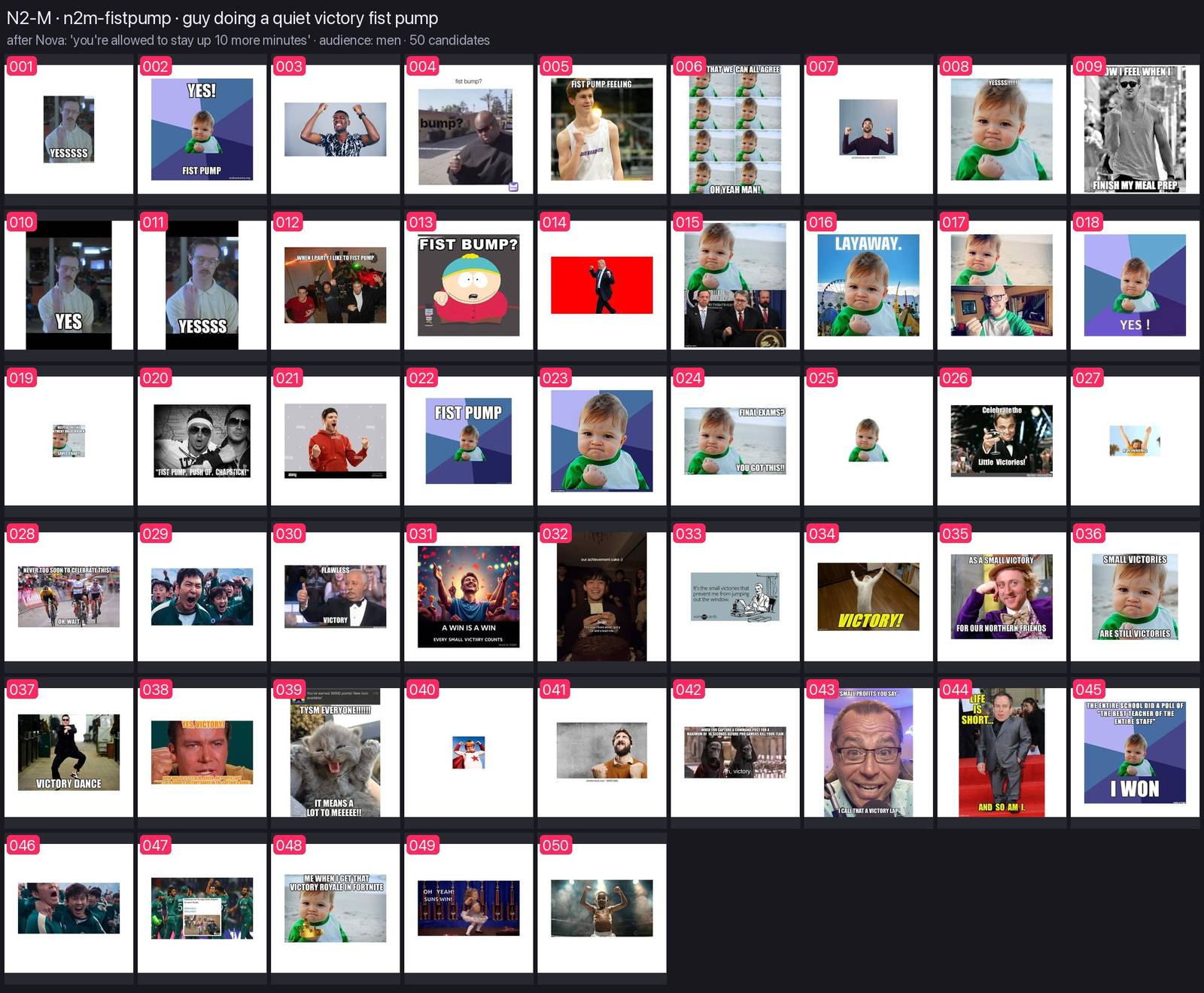 Numbered contact sheet of every candidate for n2m-fistpump