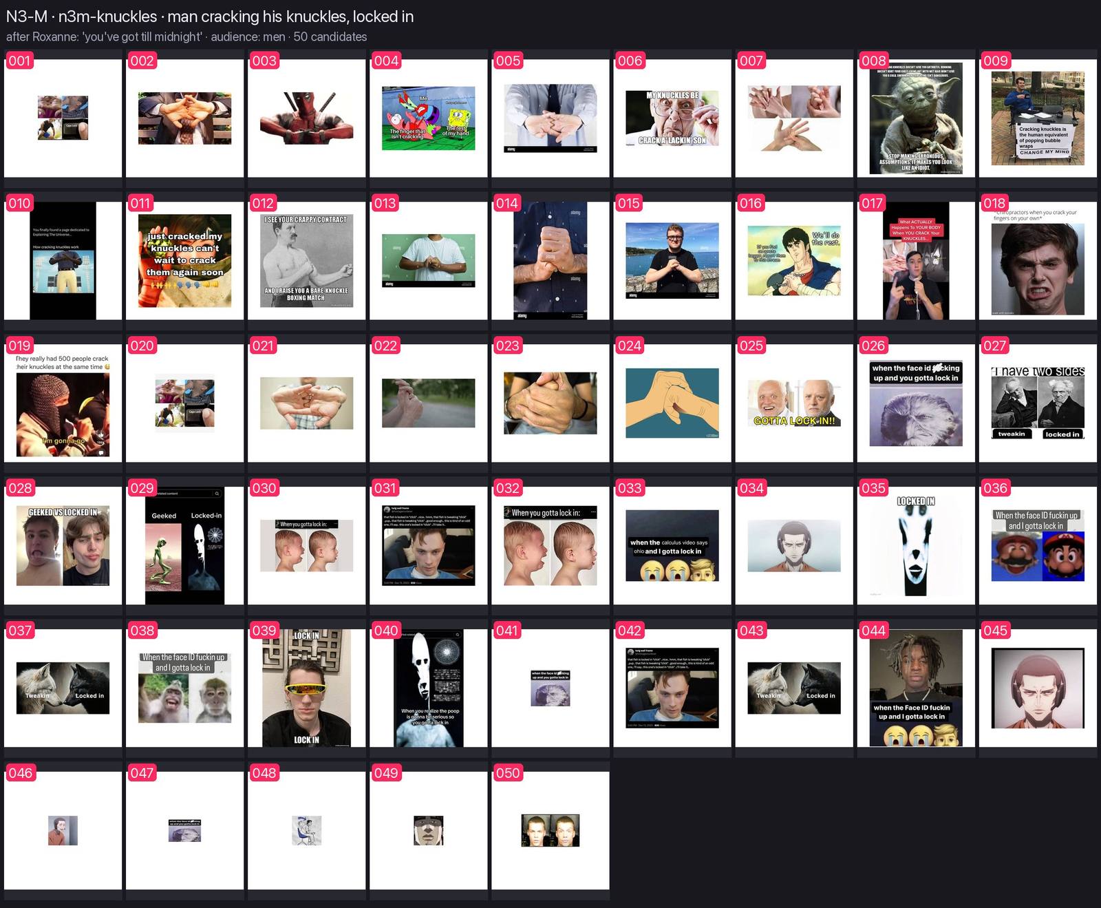 Numbered contact sheet of every candidate for n3m-knuckles