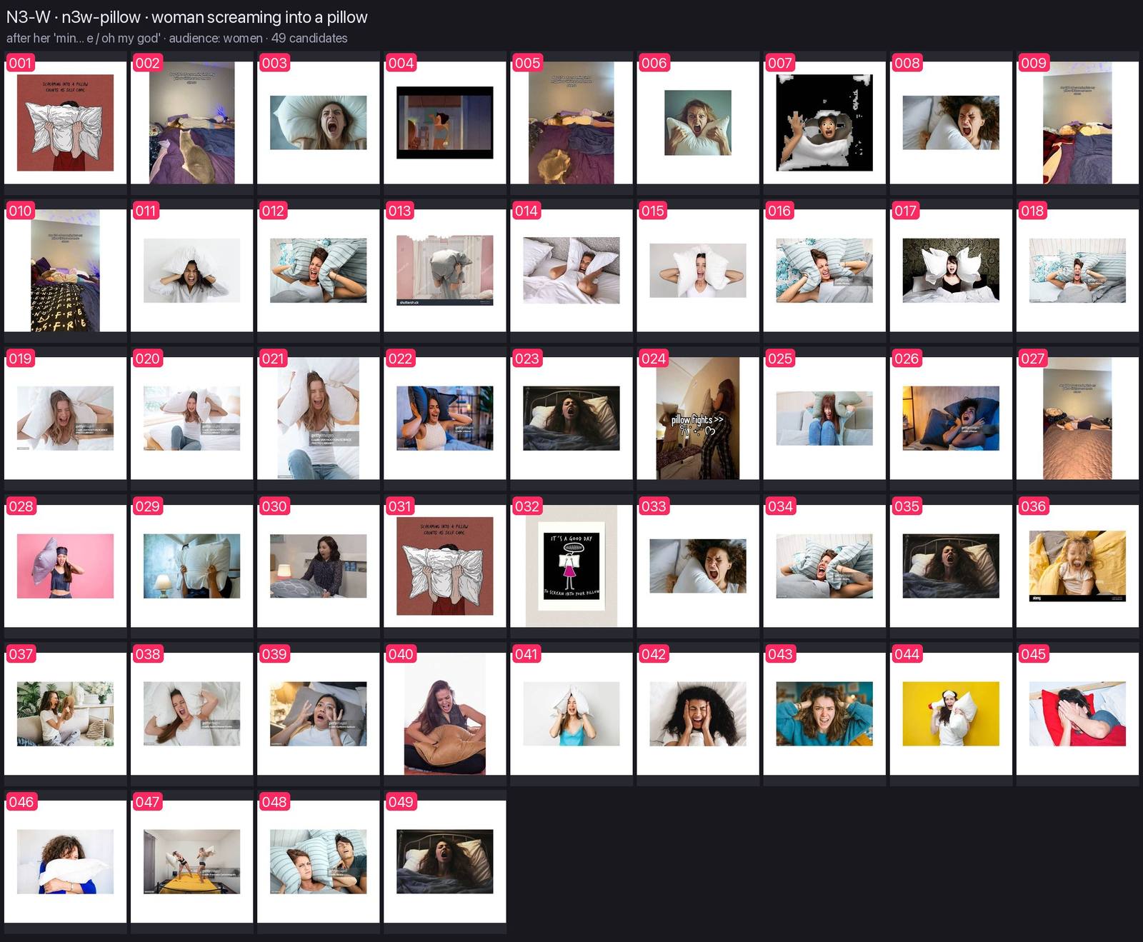 Numbered contact sheet of every candidate for n3w-pillow