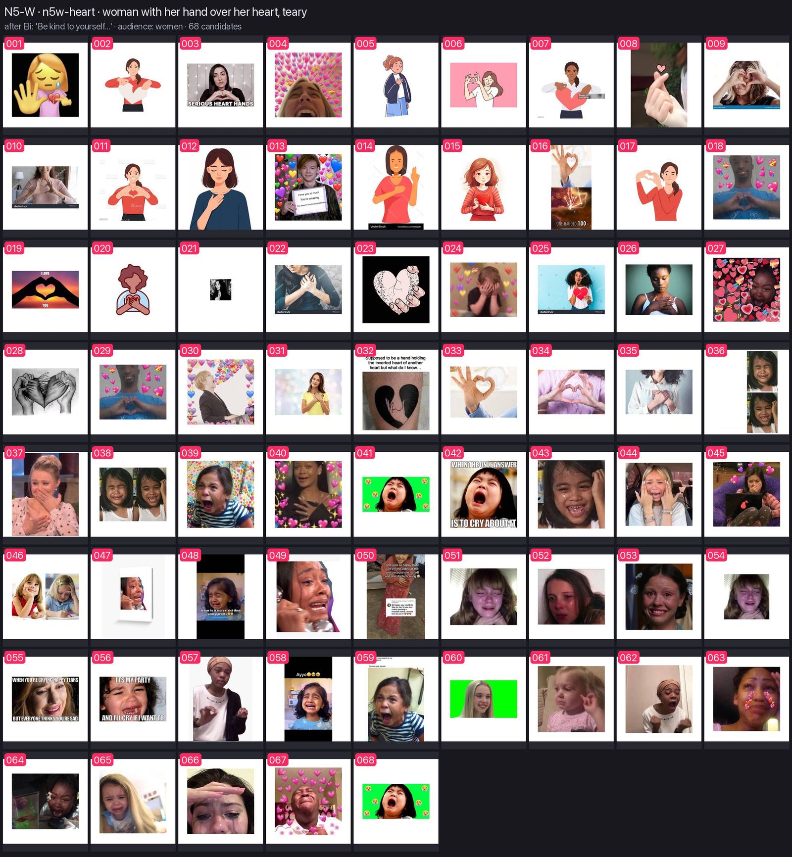 Numbered contact sheet of every candidate for n5w-heart